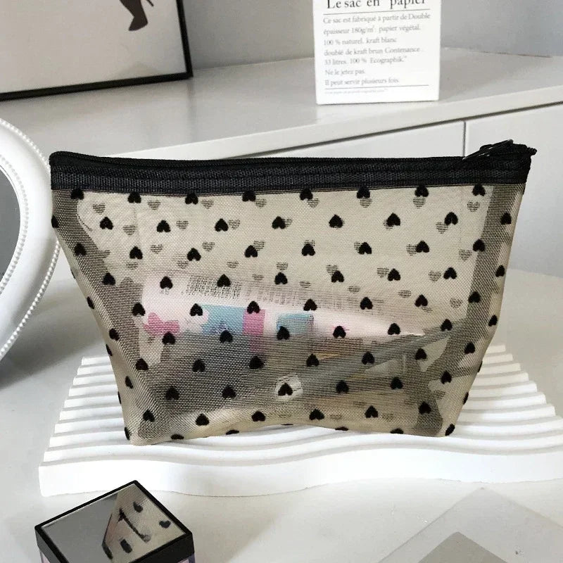 Heart Shaped Transparent Mesh Makeup Bag Women Cosmetic Toiletry Storage Bag Ladies Lipstick Key Coin Organizer Bags Purse Pouch