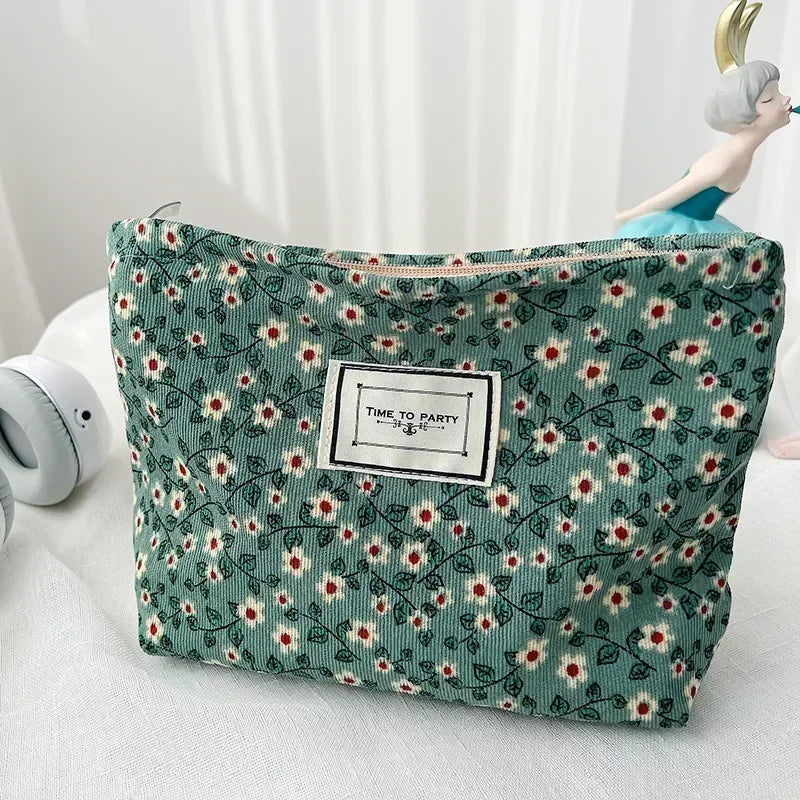 Women Floral Beauty Cosmetic Bag Makeup Case Organizer Korean Embroidery Corduroy Travel Large Wash Toiletry Storage Bag Pouch