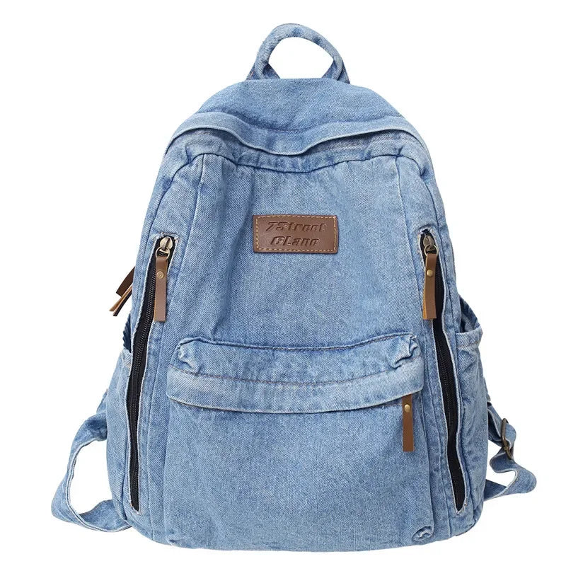 Denim School Backpack Multi-Pocket Large Capacity Rucksack