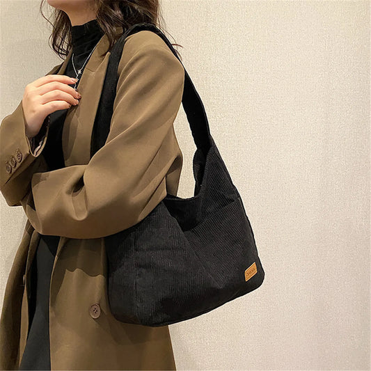 Corduroy Canvas Shoulder Bag Women Tote Handbag Trendy Commuter Bag