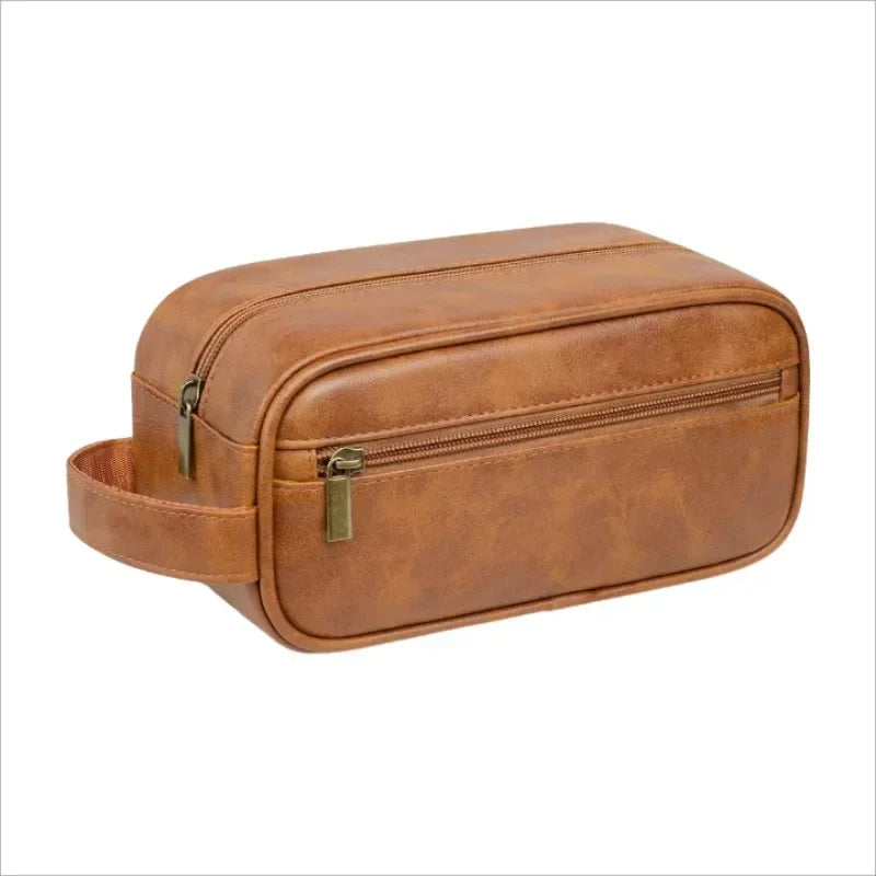 Men Leather Wash Bag Travel Business Trips Portable Cosmetic Bag Large Capacity Multi Pocket Design Handheld Leather Wash Bag