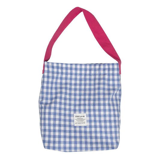 Canvas Plaid Tote Bag - Durable Cotton Linen Shoulder Bag for Women and Students