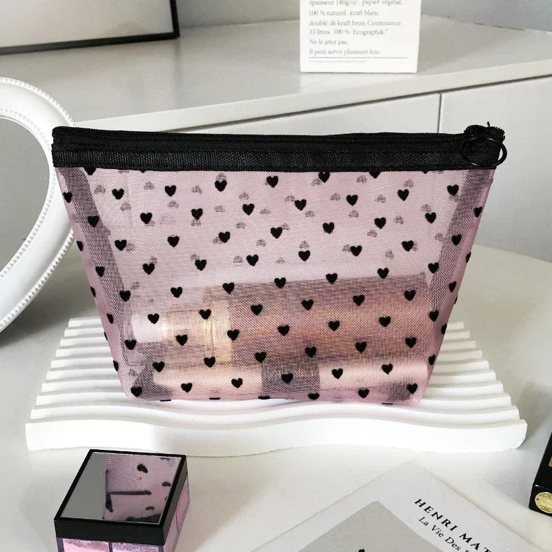 Heart-Shaped Nylon Mesh Cosmetic Bag Portable Toiletry Organizer Makeup Bag Multifunctional Women Lipstick Key Coin Purse Pouch