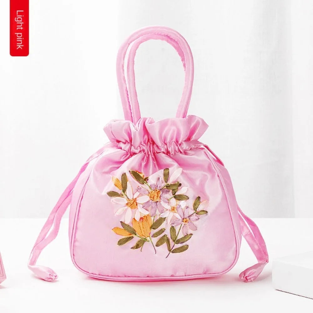 Mini Embroidered Flower Pattern Drawstring Bag Small Women Bucket Bag Top Handle Ladies Handbag Phone Bag Summer Purse