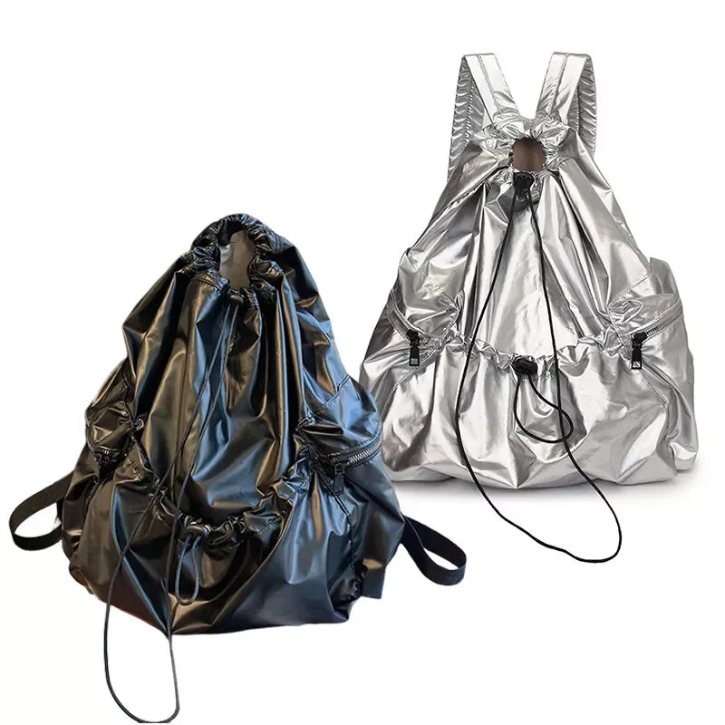 Women's Large Waterproof Nylon Backpack - Glossy Drawstring Travel Knapsack