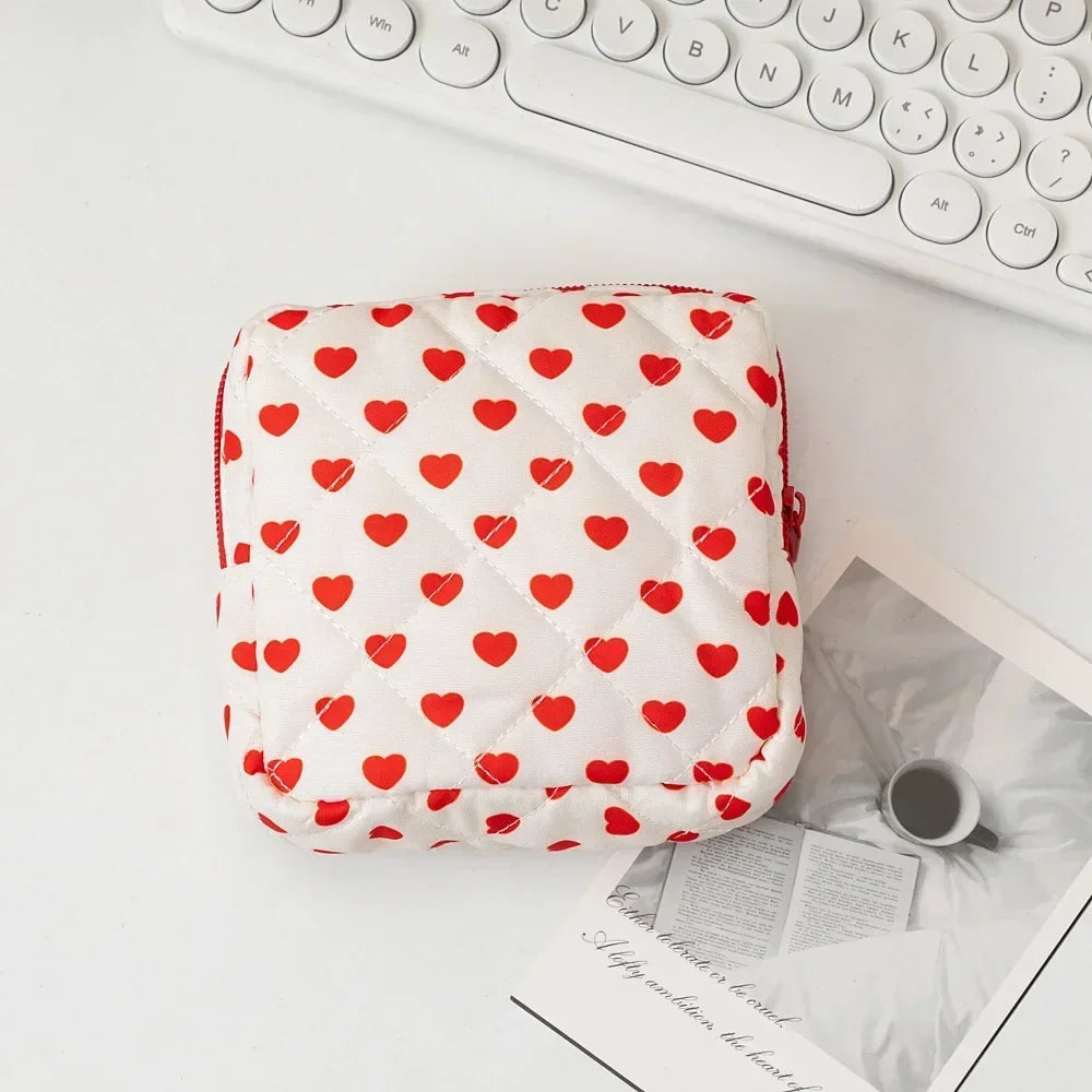 Korean Girls Heart Print Makeup Case Cute Women Zipper Square Mini Lipstick Cosmetic Bag Sanitary Napkin Storage Bags