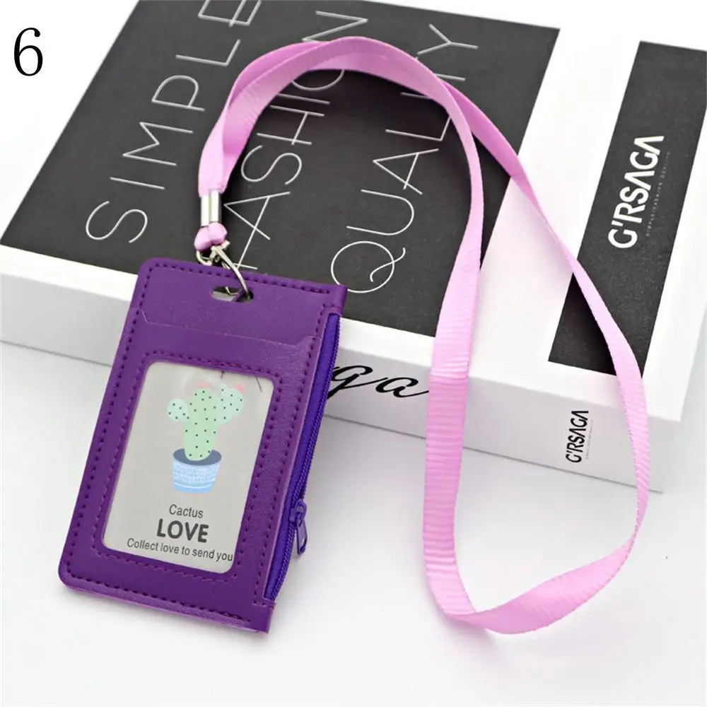 Fashion ID Badge Card Holder Colorful Leather Business Card Case Cover with Neck Lanyard Coin Purse Zipper Bag Wallets