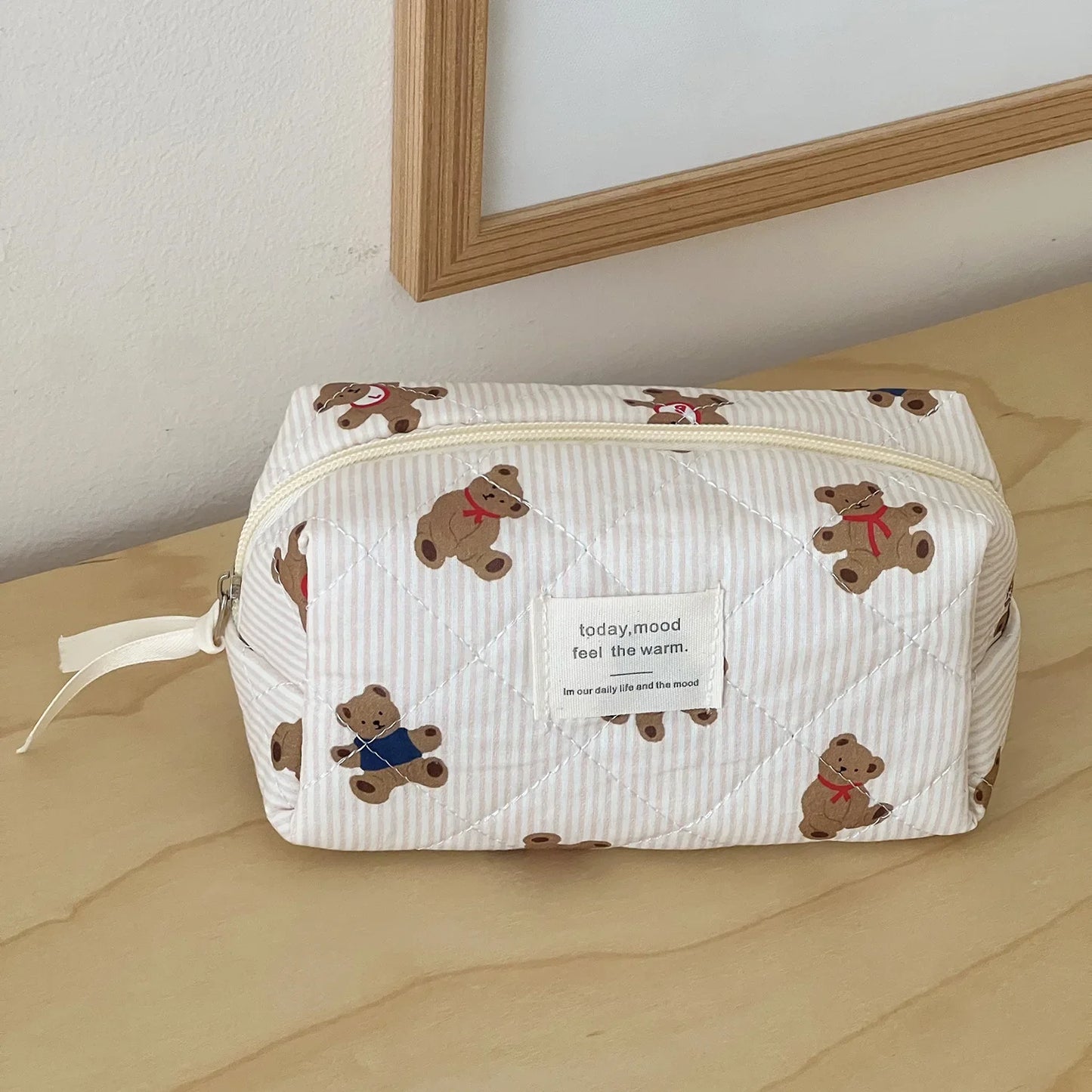 Cute Small Bear Cotton Makeup Bag Women Zipper Cosmetic Organizer Female Cloth Handbag Portable Toiletry Case for Girls