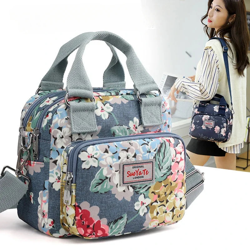 Women's Floral Nylon Crossbody Bag - Multi-pocket Shoulder Handbag