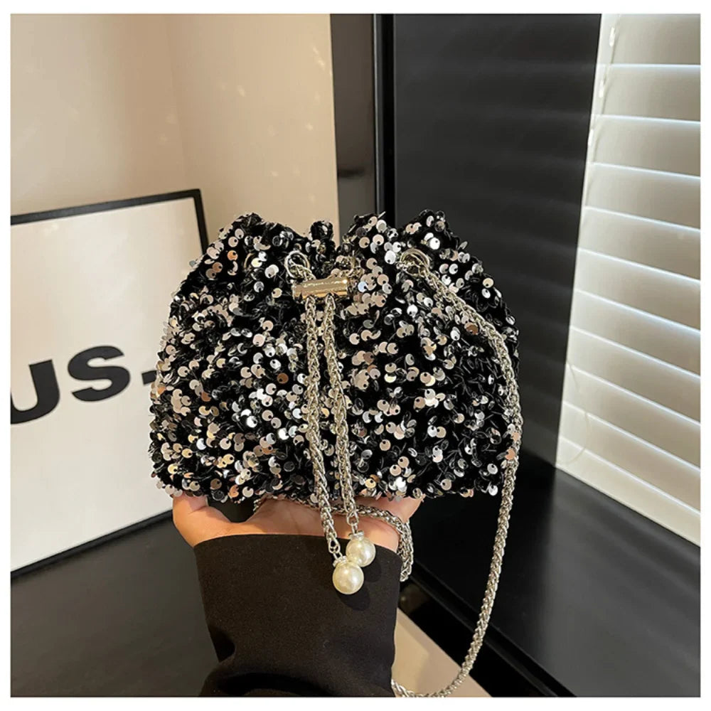 Sequin Women's Bucket Bag Drawstring Crossbody Chain Shoulder Evening Bag