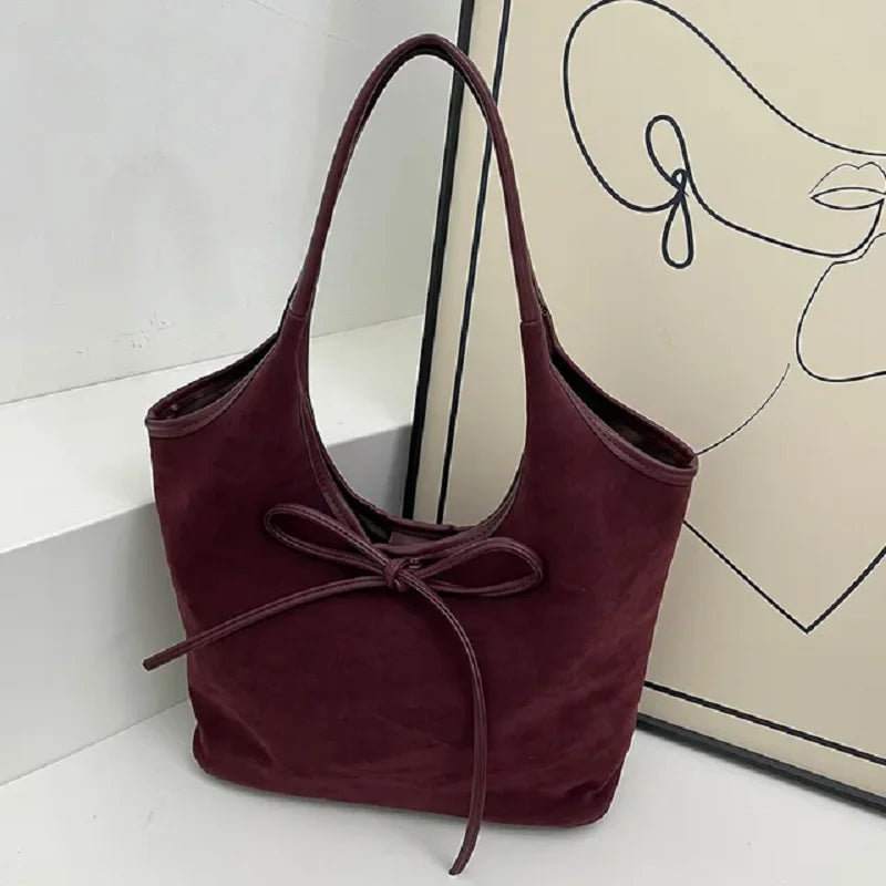 Women's Suede Shoulder Bag - Large Capacity Hobo with Bow Tie & Magnetic Buckle