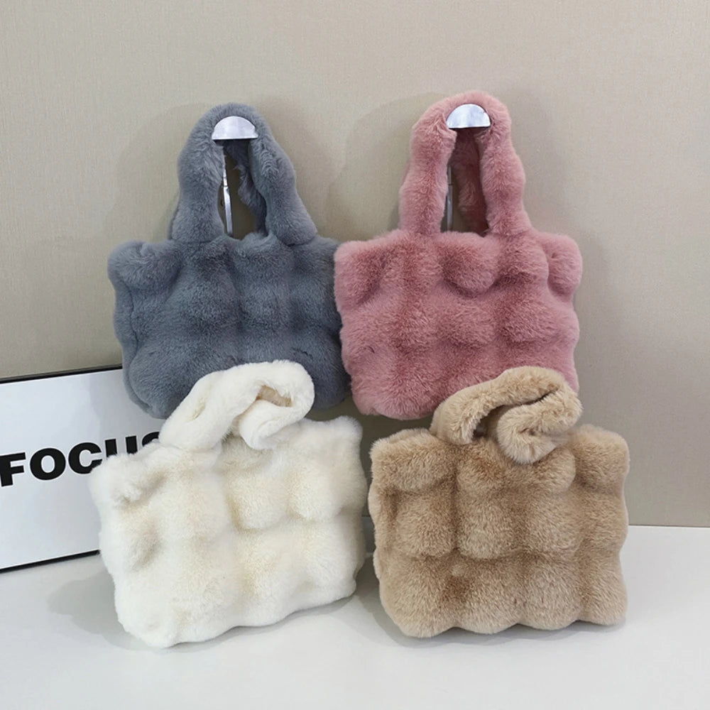 Women's Fluffy Shoulder Bag Plush Tote Solid Color Handbag