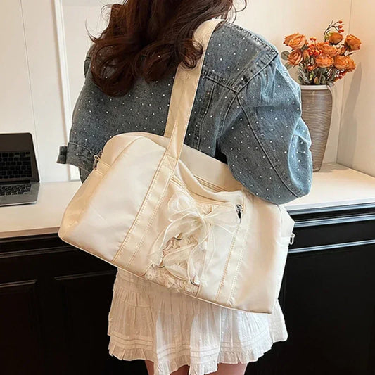 Sewing Thread Bow Zipper Ladies Shoulder Bags Commuting Crossbody Bags for Women 2025 Nylon Large Capacity Handbags Bolso Mujer