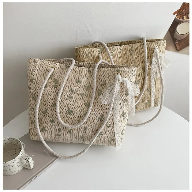 Luxury Designer Lace Flower Embroidered Straw Tote Bag