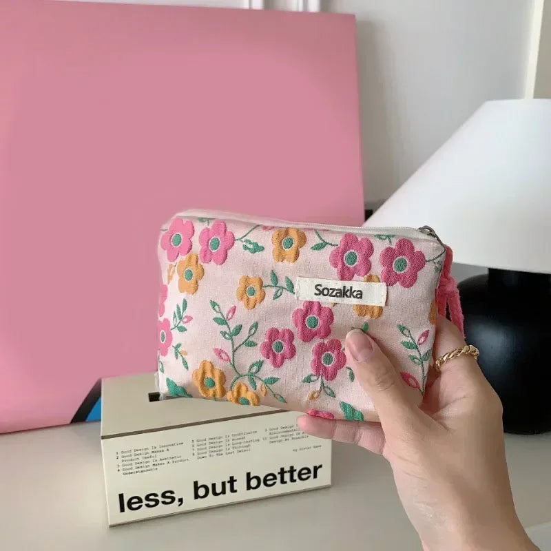 Red Green Floral Cute Women Wallet Mini Clutch Purse Coin Purse Cotton Fresh Cute Card Bag Sanitary Napkins Bag Earphone Bag