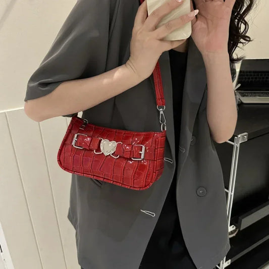 Y2K Heart Leather Alligator Pattern Shoulder Bag