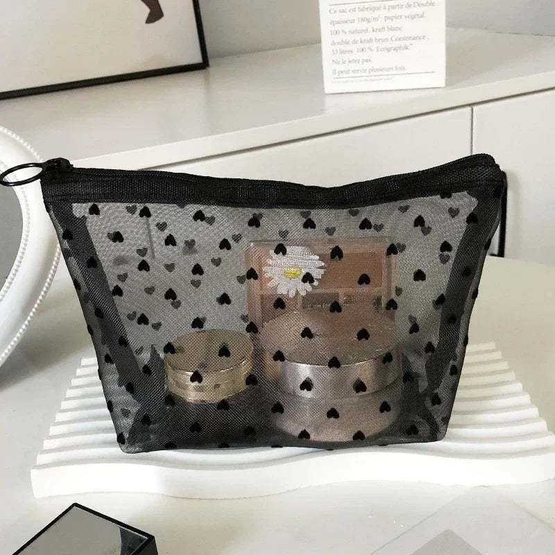 Nylon Mesh Cosmetic Bag Multifunctional Zipper Heart Shaped Toiletry Organizer Makeup Bags Women Lipstick Key Coin Purse Pouch