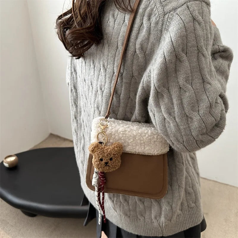 Cute Plush Crossbody Bag with Teddy Bear Pendant