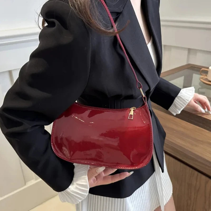 Women's Patent Leather Designer Shoulder Bag - Versatile Fashion Handbag with Zipper