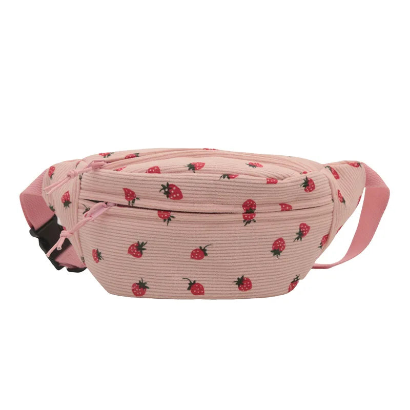 Corduroy Fanny Pack Strawberries Pocket Fashion Waist Bag