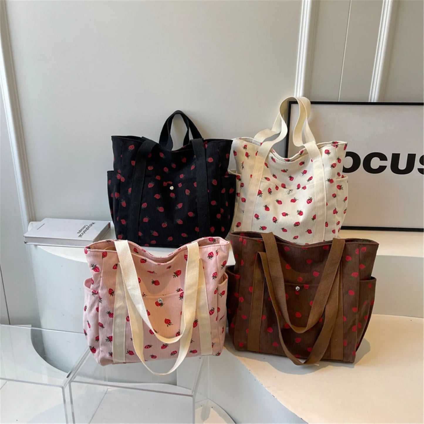 Strawberry Print Large Capacity Shoulder Bag Handbag Shopping Tote