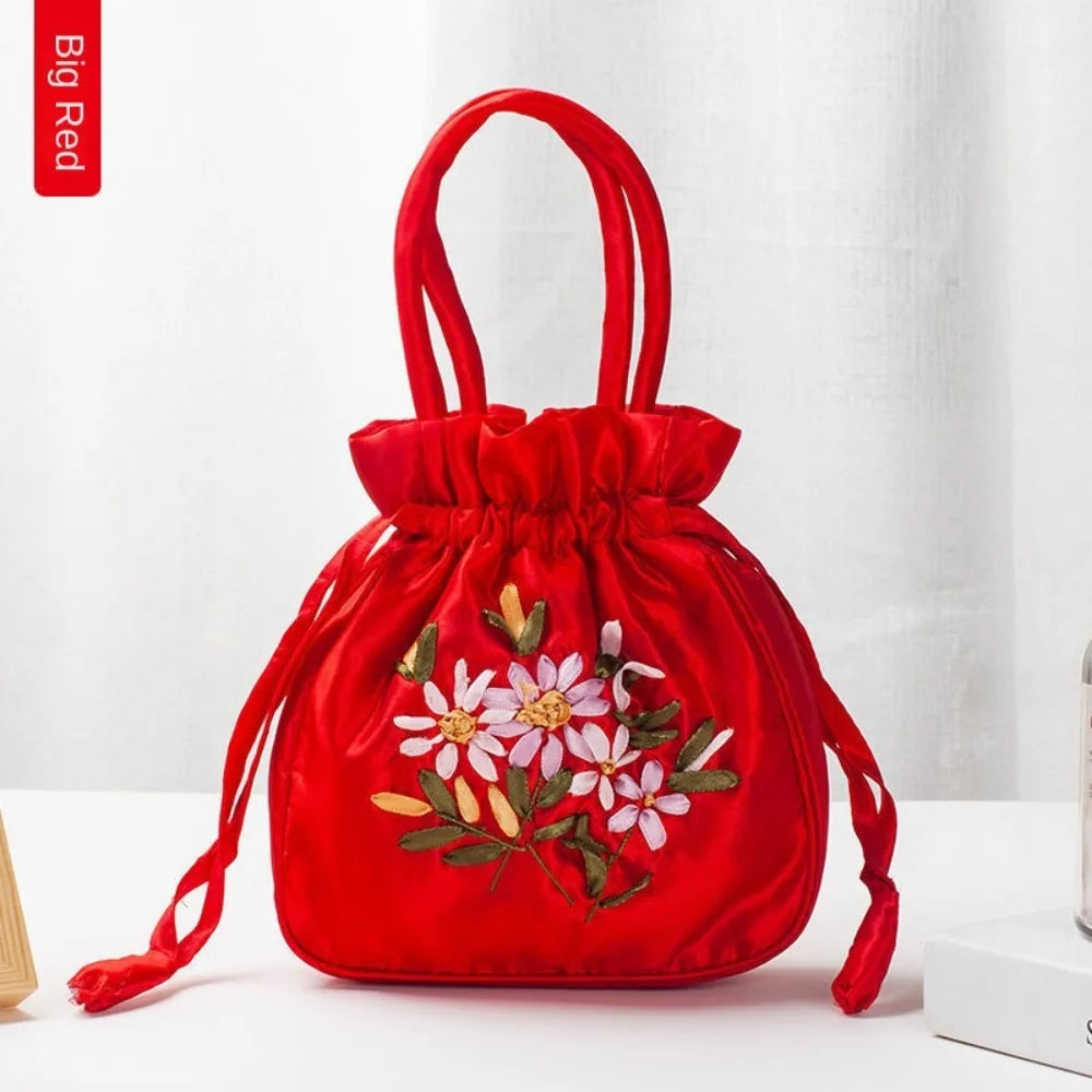 Mini Embroidered Flower Pattern Drawstring Bag Small Women Bucket Bag Top Handle Ladies Handbag Phone Bag Summer Purse