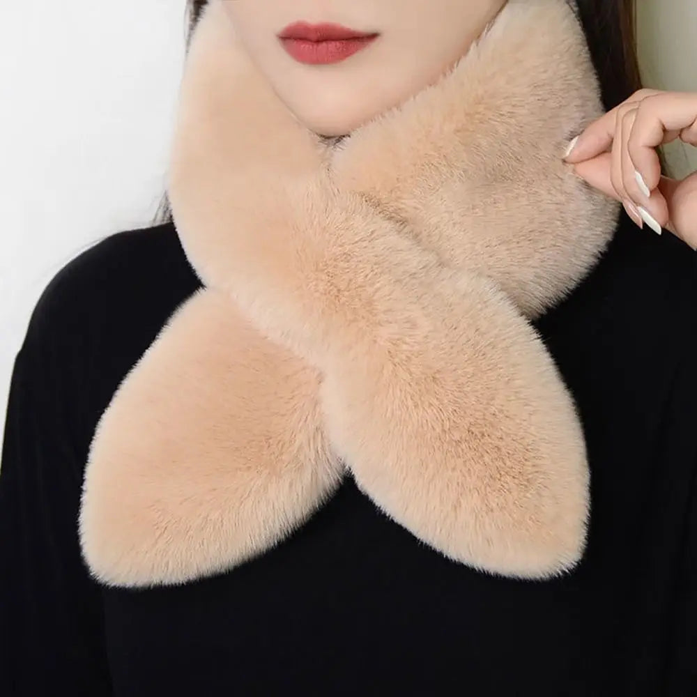 Women Girls Solid Color Cross Scarf Faux Rabbit Fur Plush Neck Scarf Thicken Shawl Neckerchief Wrap Winter Warm Neck Warmer