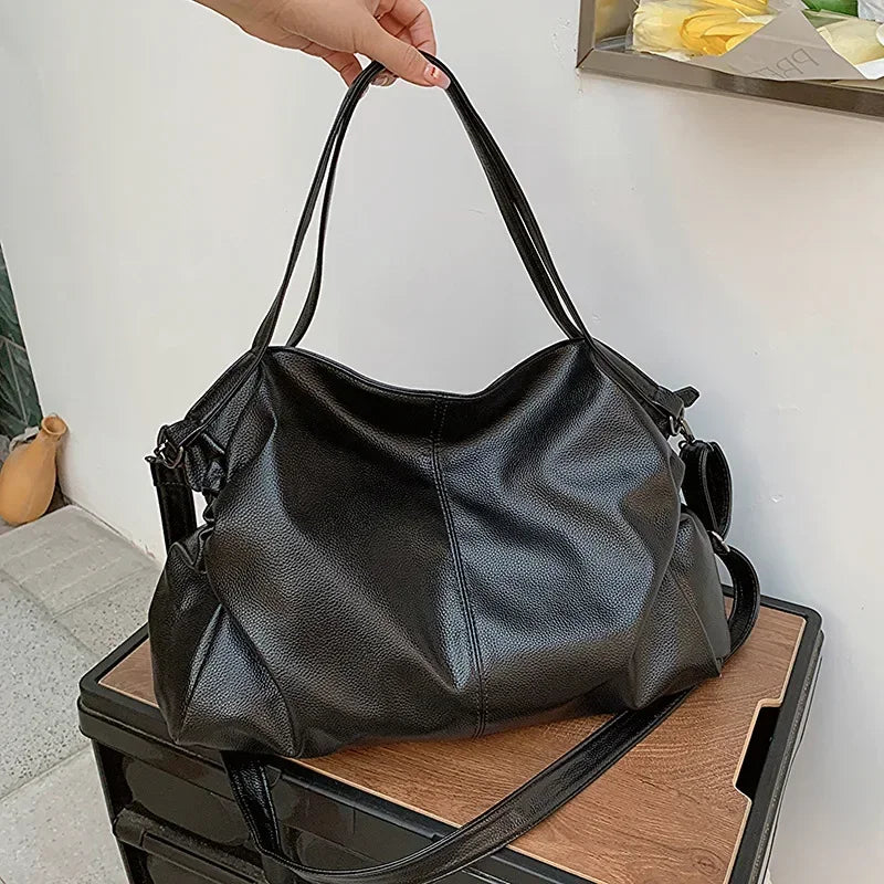 Big Black Shoulder Bags for Women Large Hobo Shopper Bag Solid Color Quality Soft Leather Crossbody Handbag Lady Travel Tote Bag