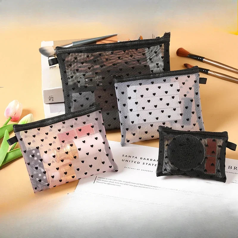 Nylon Mesh Cosmetic Bag Zipper Heart Shaped Toiletry Organizer Makeup Bags Multifunctional Women Girls Lipstick Coin Purse Pouch