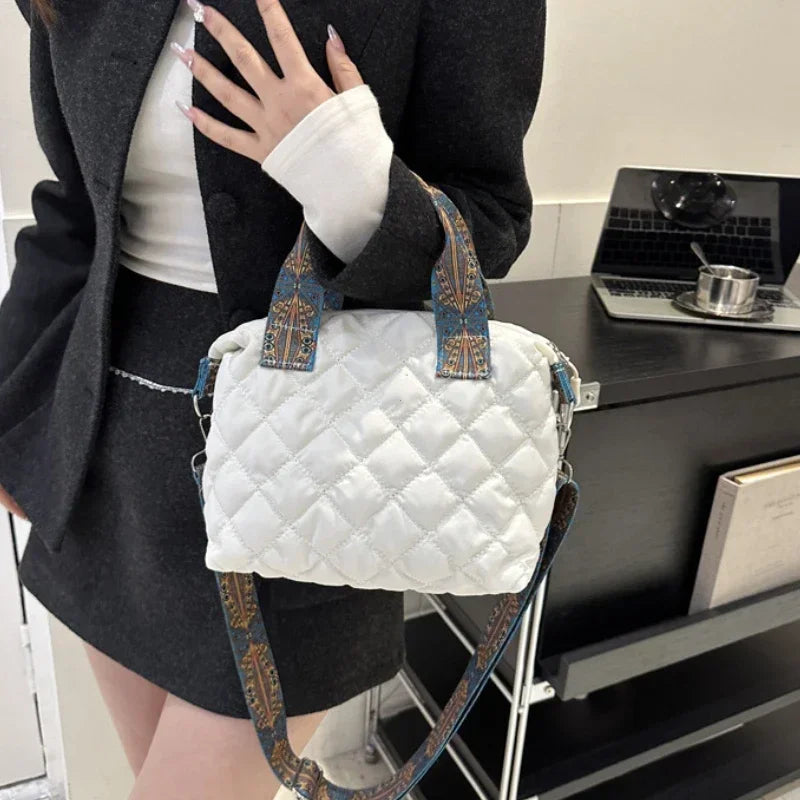 Women Wide Shoulder Belt Handbag Fall/Winter Rhombus Space Cotton Shoulder Bag Large Capacity All-Match Shopping Tote Bag