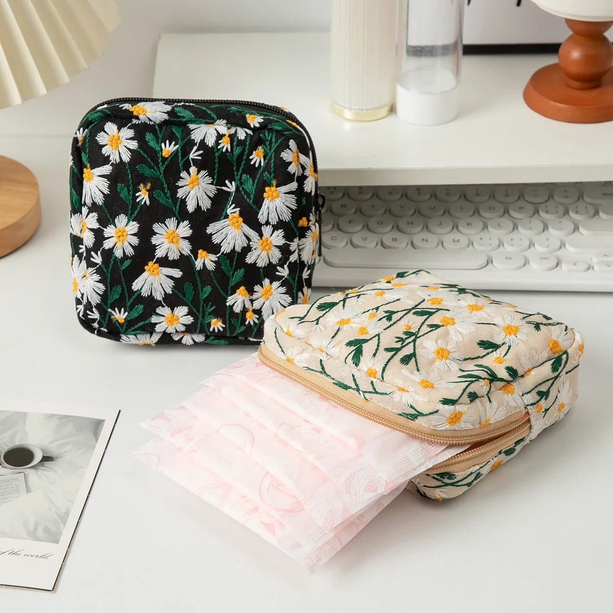 Floral Embroidery Women Cosmetic Bag Canvas Zipper Make Up Bag Travel Washing Makeup Organizer Beauty Case Storage Pouch