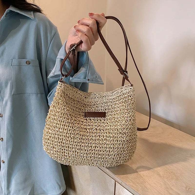 Bohemian style women's handbag, daily crossbody straw woven bag, simple work matching armpit bag