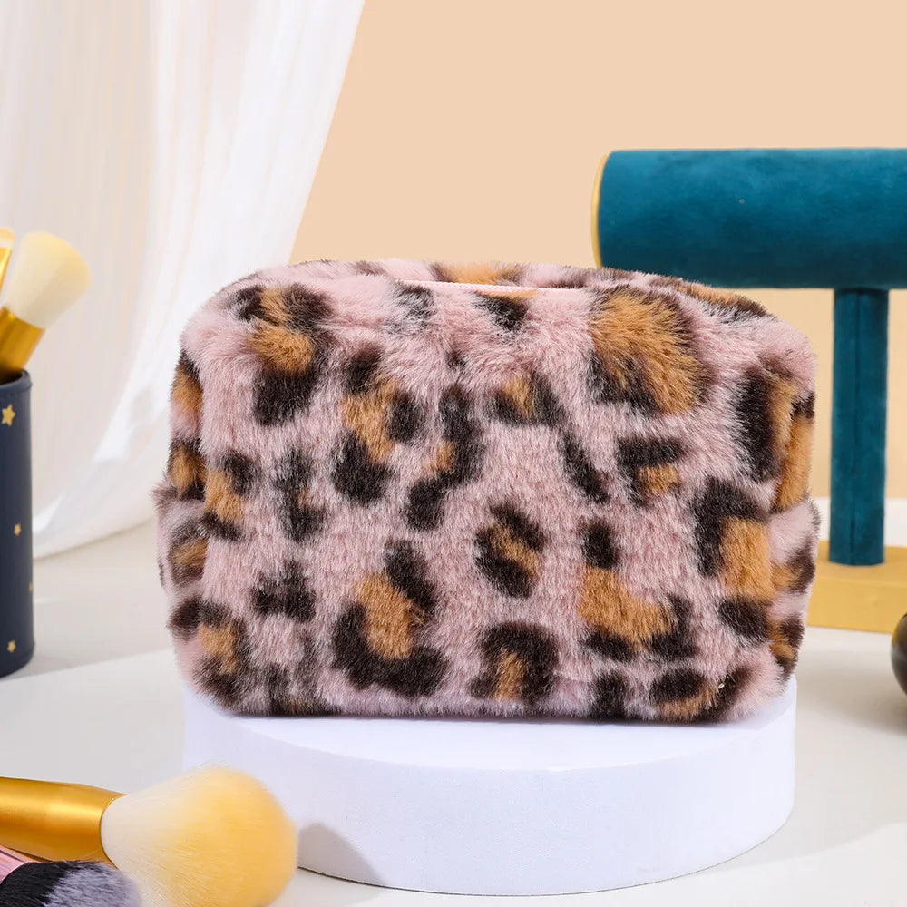 Leopard Print Makeup Bags for Women Plush Travel Cosmetic Bag Organizer Case Lady Girls Make Up Case Necessaries Handbags Case