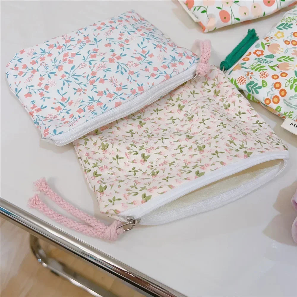 Fresh Pink Floral Cotton Cosmetic Bag Cute Mini Makeup Case for Lipstick Coin Purse card case and Earphone Storage