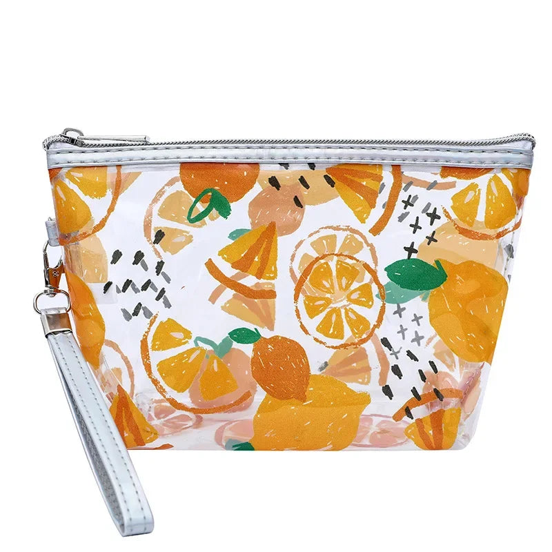 Kawaii Cute Transparent Cosmetic Bag Large Capacity Portable Fruit Pattern Pencil Case Makeup Storage Bag Make Up Organizer Bag