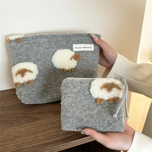 Grey Wool Makeup Bag Lamb Embroidered Cosmetic Organizer Travel Pouch