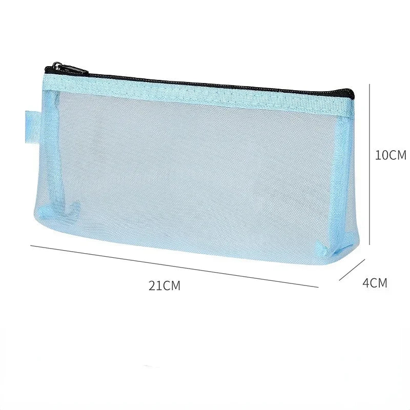 Gray Black Makeup Case Large Capacity Mesh Transparent Cosmetic Brush Bags Students Solid Color Zipper Nylon Pencil Case