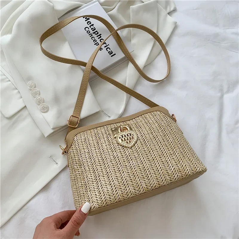 Handmade Woven Straw Crossbody Bag - Soft PU Leather Boho Beach Handbag