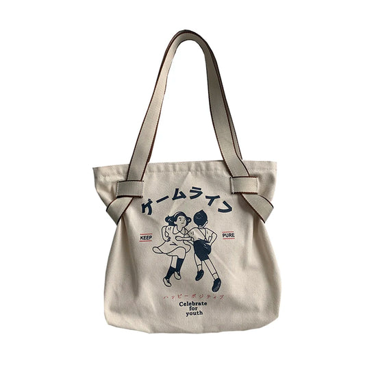 Canvas Anime Print Tote Bag - Women's Fashion Shoulder Handbag