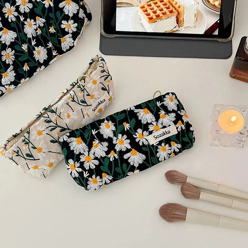 Cosmetic Bag Women Floral Makeup Case Organizer Korean Embroidery Cosmetic Pouch Travel Toiletry Bag Corduroy Canvas Beauty Case