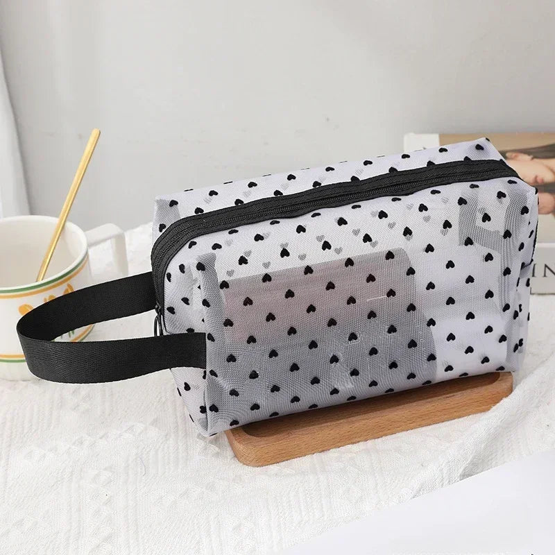 Love Print Mesh Cosmetic Bag Portable Toiletry Organizer Makeup Bag Multifunction Transparent Women Lipstick Storage Pouch