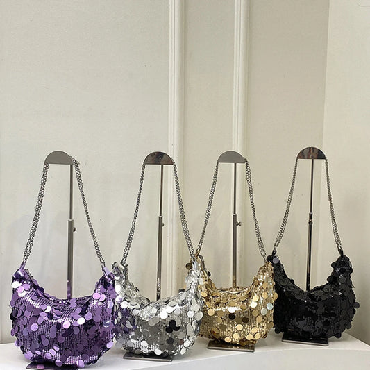 Sequin Half Moon Crossbody Bag - Large Capacity Chain Handbag