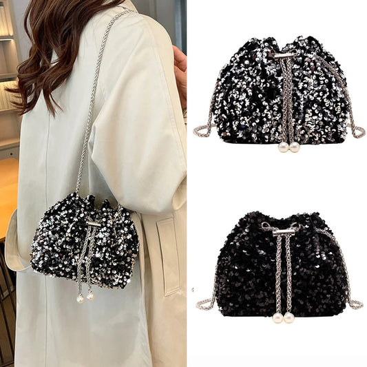 Sequin Women's Bucket Bag Drawstring Crossbody Chain Shoulder Evening Bag