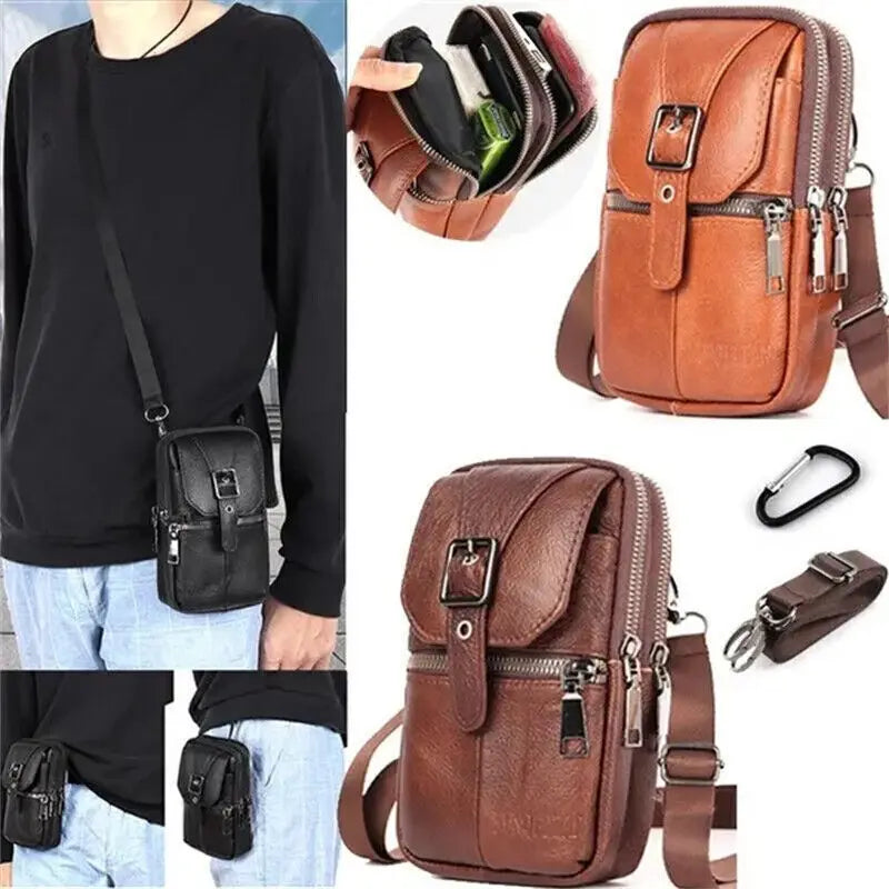 Men's Leather Waterproof Waist Pack Phone Pouch Crossbody Bag