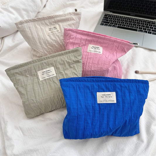 Simple Solid Color Striped Makeup Bag Women's Cosmetic Bag Makeup Case Female Travel Storage Bags Girls Clutch Purse Handbags