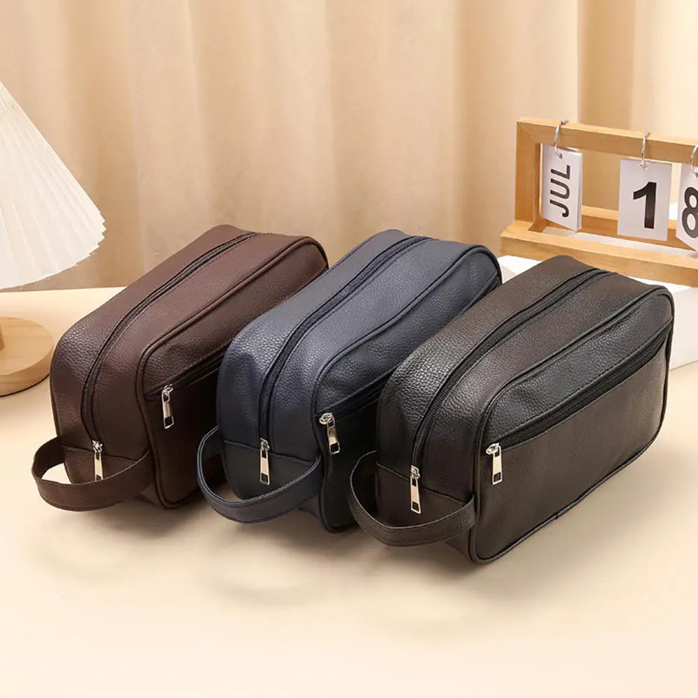 Men's Waterproof Toiletry Bag PVC Lychee Pattern Cosmetic Organizer