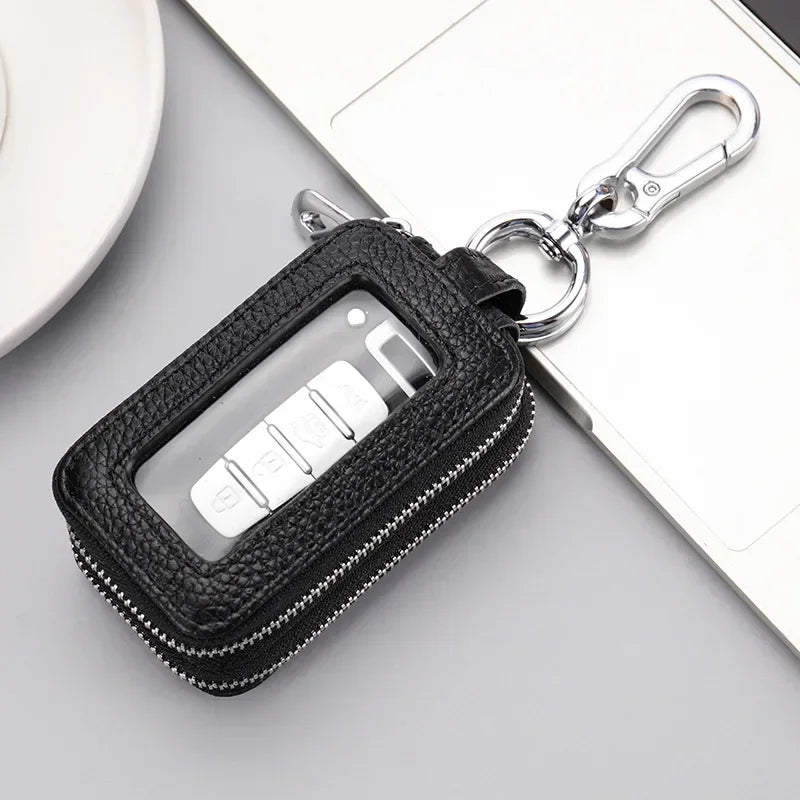 Double-layer Zipper Car Key Bag Lychee Pattern Top Layer Cowhide Key Bag Genuine Leather Key Chain Large Capacity Unisex KeysBag