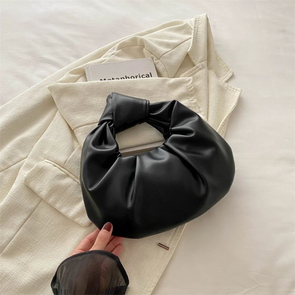 Women Pleated Clutch Bag Solid Color PU Leather Knot Wrist Bag Top Handle Handbag Fashion Simple Ladies Ruched Phone Pouch Purse