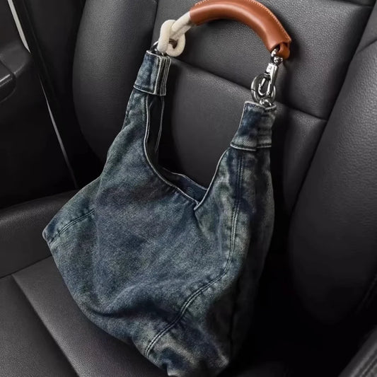 Retro Denim Shoulder Bag for Women - Leather Handle, Trendy Hobo Handbag