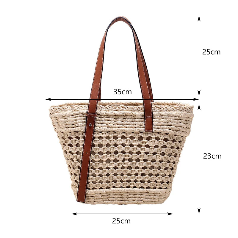 Summer Handwoven Straw Beach Women Tote Bags 2025 Vintage Hollow Out Basket Rattan Handbag Vacation Shoulder Bag New Beach Bag